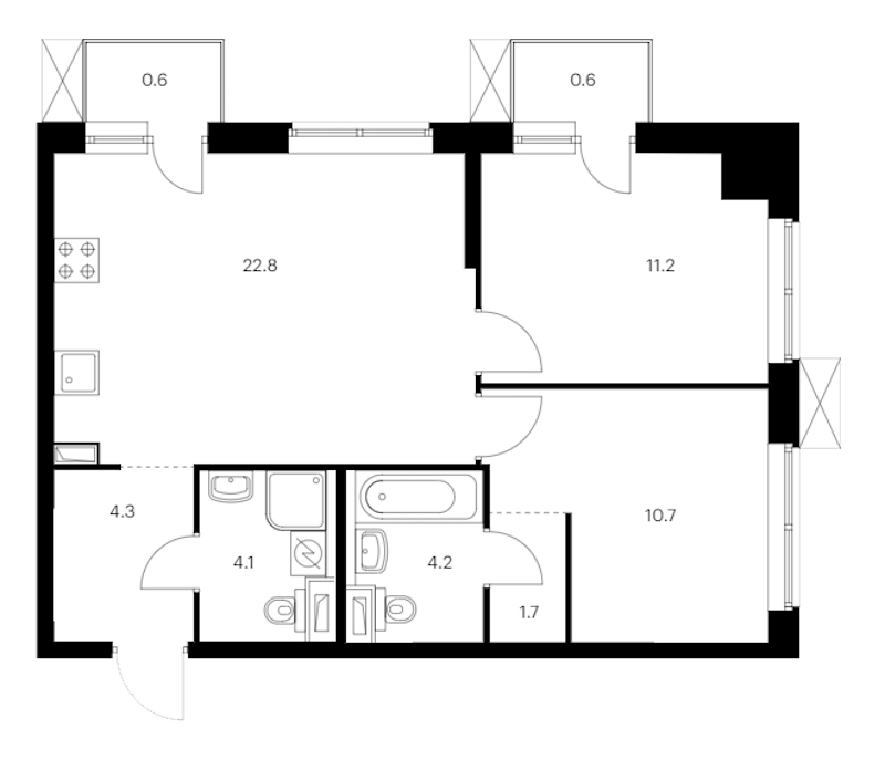 2-комнатная квартира 60.2 м², 2/12 эт., ЖК «Шкиперский 19»